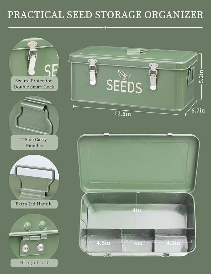 Metal Seed Storage Organizer, Seed Storage Box with Safety Locks, Compartments Box with 3 Clear Plant Nursery Pots, 40 Plant Labels, 30 Seed Envelopes, 1 Marker Pen