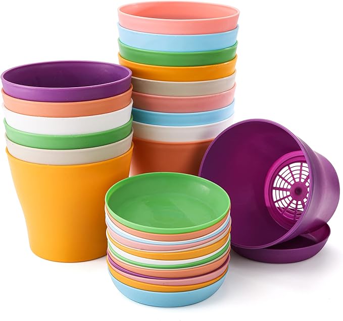 Tosnail 16 Pack 5.5 Inches Small Plastic Plant Flower Pot with Saucers, Seedlings Nursery Pots Planter with Pallet, Planting Gardening Containers - Assorted 8 Colors
