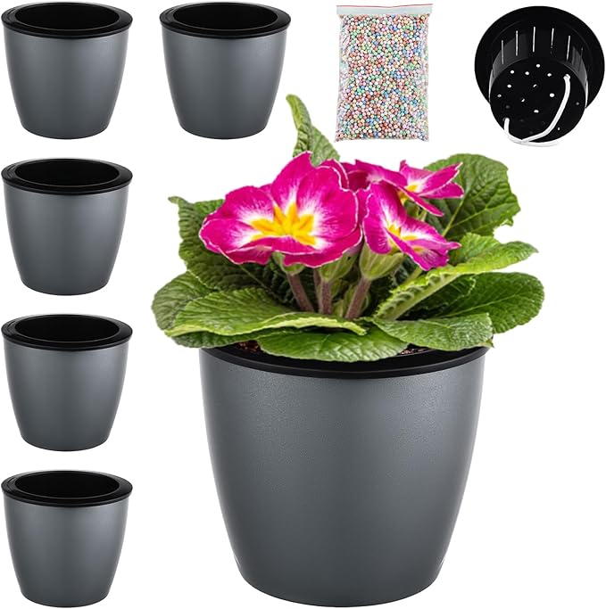 Planterhoma 6.7 Inch Self Watering Pots for Indoor Plants, 5 Packs African Violet Pots, Black Wick Pot with Drainage Holes, Self Watering Planters for Orchid, Devil's Ivy, Silver Gold