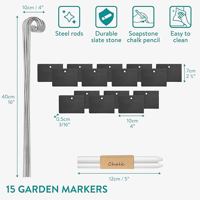 Navaris Slate Plant Labels (15 Pieces) - Garden Marker Label Signs with Stakes - Markers for Plants, Vegetables, Herb Gardens - with Chalk Pencils - Rectangular (Pack of 2)