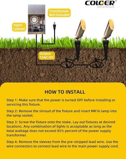 COLOER Brass Landscape Spotlights, 6 Pack Spotlight Fixture Outdoor with 5W Aluminum Housing MR16 LED Bulb 2700K 450LM,12V AC/DC Low Voltage Landscape Lighting,Uplight for Garden and Patio(103B)