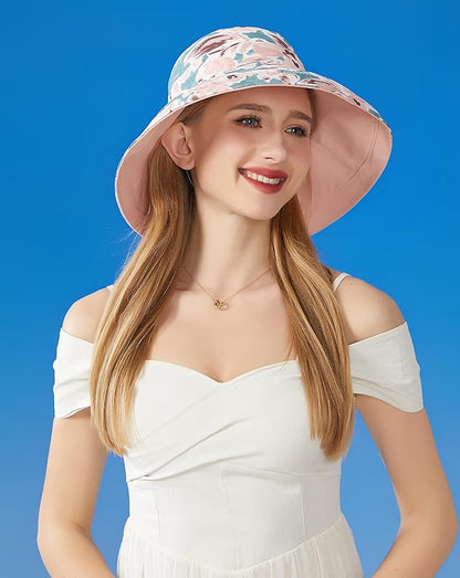 Wide Brim Women Sun Hat Summer Beach Bucket Fishing Hats Metal Wired Edge Packable UV Protection for Hiking Garden Travel