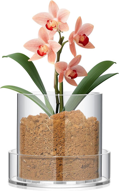 Clear Plant Nursery Pots Acrylic Orchid Pots with Drainage Holes and Tray Transparent Planter for Indoor Plants, Succulents, Herb, Flowers and Cactus Decorative(4 Inches,Circle)