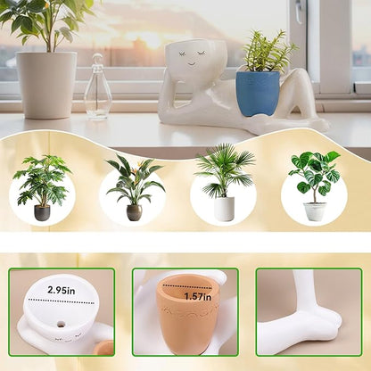 Lazy Guy Planter - Funny Smiling Face Resin Flower Pot with Double Drainage Hole, Cute Lying Down Figure Succulent & Cactus Planter, Unique Home Garden Decor Gift for Family & Friends