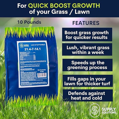 Supply Solutions 21.4-7-14.1 Lawn and Turf Fertilizer with Iron - Achieves a Lush Green Lawn in Weeks - Turf Builder for All Grass Types - for Greener Grass Fertilizer (10lbs)
