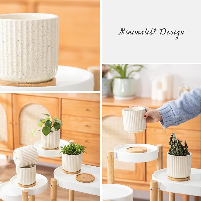 TAMAYKIM 4 Inch Ceramic Plant Pots with Drainage Holes, Modern Vertical Pattern Flower Planter with Saucer for Indoor Plants, Succulent, Cactus & Herbs, Beige, Set of 4 (Plants Not Included)