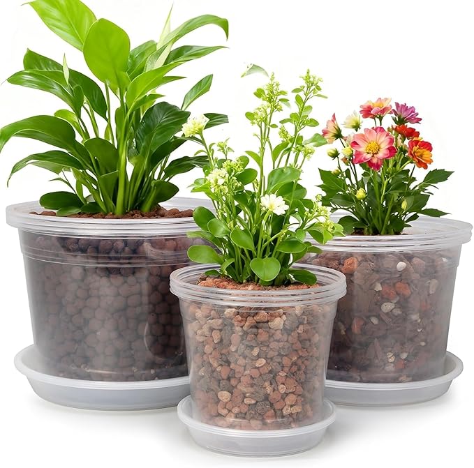 5 Packs 10 Inch Large Clear Nursery Pots with Drainage Hole and Saucers, Plastic Plant Pots for Seedlings, Flowers, Indoor Outdoor Garden