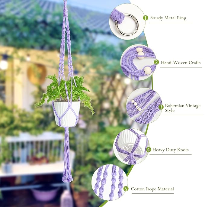 XXXFLOWER 3 Pack Macrame Plant Hanger Indoor Set with Hooks Handmade Woven Cotton Rope Flower Pot Crochet Plant Holder Stand Boho Plant Decor Hanging Planter Baskets Set of 3 with Beads Purple