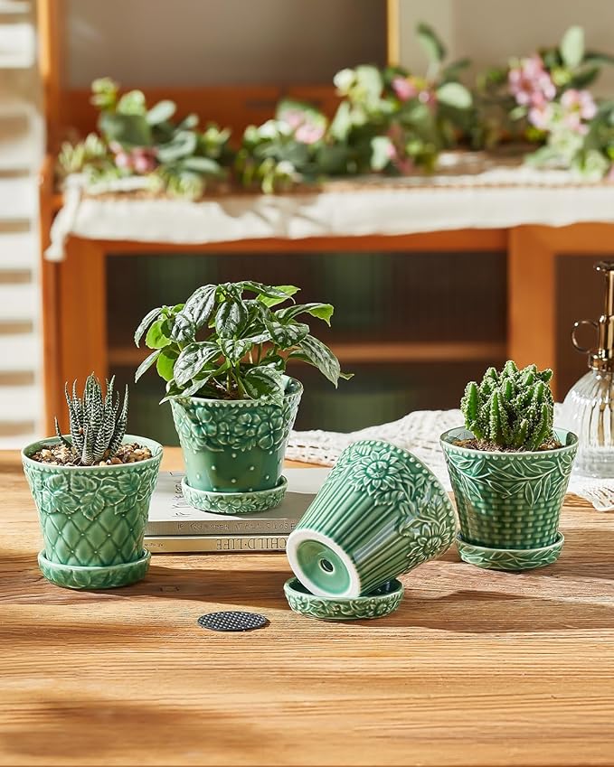 Succulent Ceramic Pots, 3.8 Inch Small Plant Pots with Drainage Hole & Saucer, Flower Planter Pot for Indoor Plants Cacti, Home Decor, Set of 4, Green