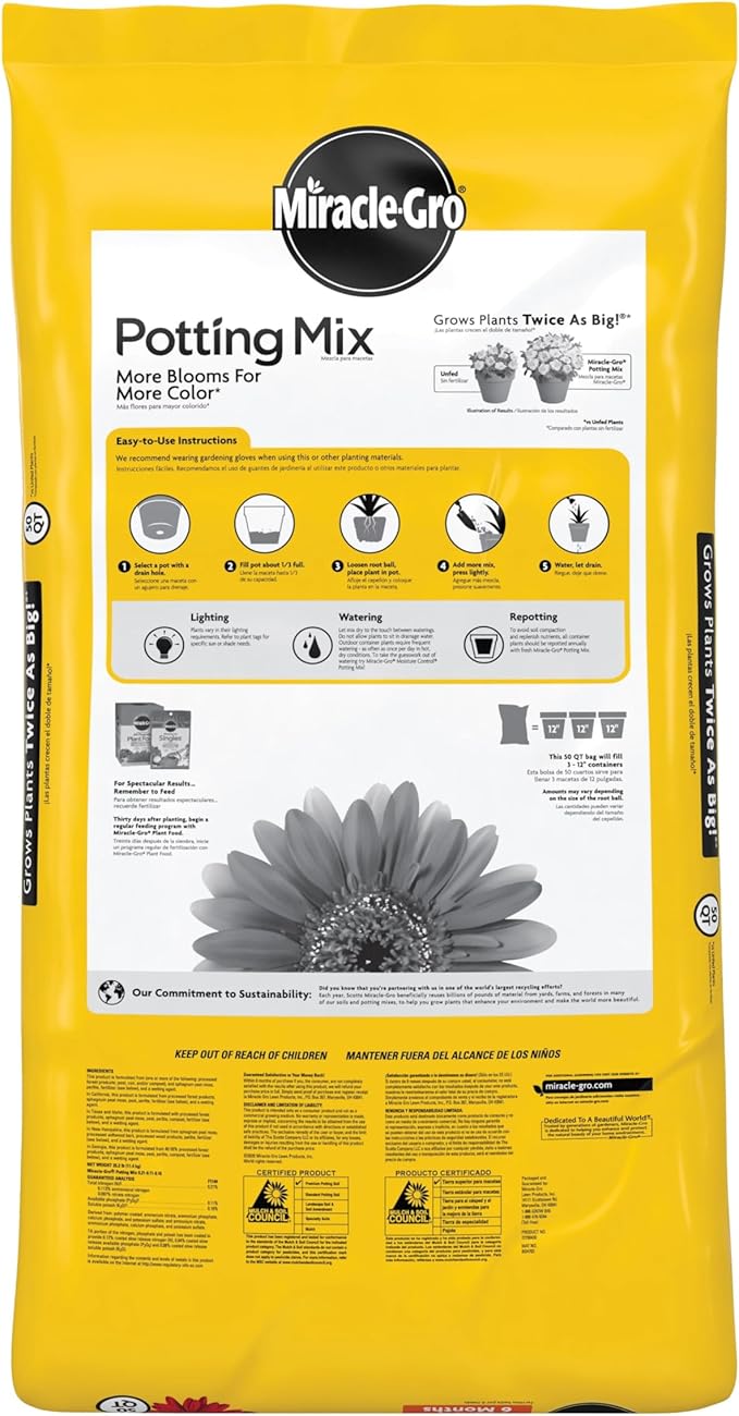 Miracle-Gro Potting Mix - for Potted Plants, Flowers Vegetables Shrubs Annuals and Perennials, Feeds Up to 6 Months - 50 qt. Bags, Pallet of 39