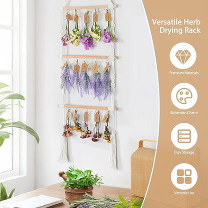 3-Tier Hanging Herb Drying Rack – Includes 30 Brown Gift Tags & 32ft Natural Jute Twine – Handwoven Boho Style Plant Hanger for Drying Herbs, Flowers, Sage – 47" Tall, Home Décor & Gift Idea
