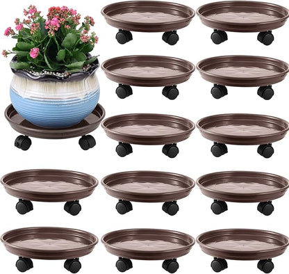 12 Packs Plant Caddy with Wheels 11.8" Plastic Rolling Plant Dolly Coasters Heavy-duty Wheeled Planter Mover Rollers Indoor Outdoor Wheeled Flower Pot Base Suacers with Casters, Brown