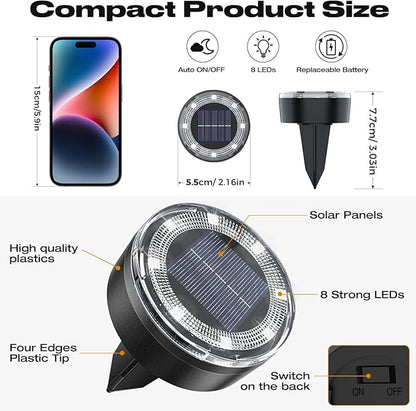 Mini Outdoor Solar Lights，8 Pack Solar Garden Lights for Outside IP65 Waterproof, 8 LED Disc Landscape Lighting for Garden Yard Driveway Walkway Poolside Deck Lawn Patio,Cold White