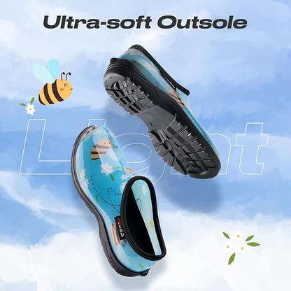HISEA Waterproof Garden Shoe for Women Outdoor Slip-On Garden Clogs Rubber Rain Boots Short Ankle Booties Rain Shoes with Comfort Insole