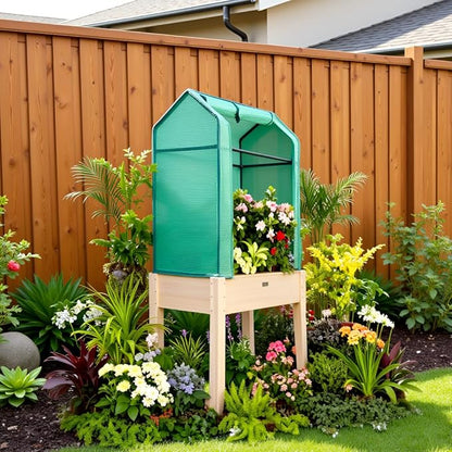 Raised Garden Bed with Greenhouse Cover,Elevated Wood Planter Box with Legs & Non-Woven Liner,34" L x18 W x 66" H Indoor Outdoor Gardening Bed for Vegetables, Herbs, Flowers