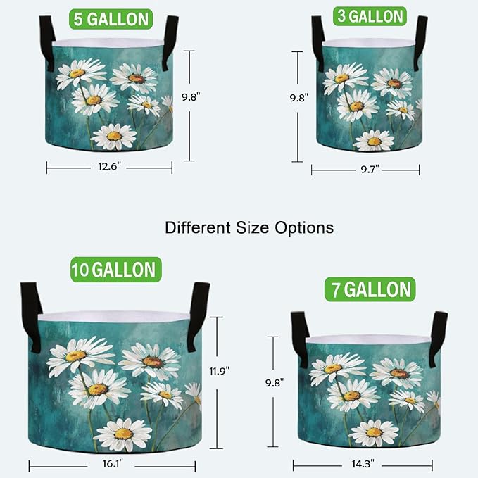 10 Gallon Art White Daisy Flowers Turquoise Grow Bag Heavy Duty Thickened Plant Pot Containers with Handles for Potato Tomato Flowers Fruits Vegetables