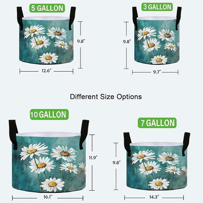 5 Gallon Art White Daisy Flowers Turquoise Grow Bag Heavy Duty Thickened Plant Pot Containers with Handles for Potato Tomato Flowers Fruits Vegetables