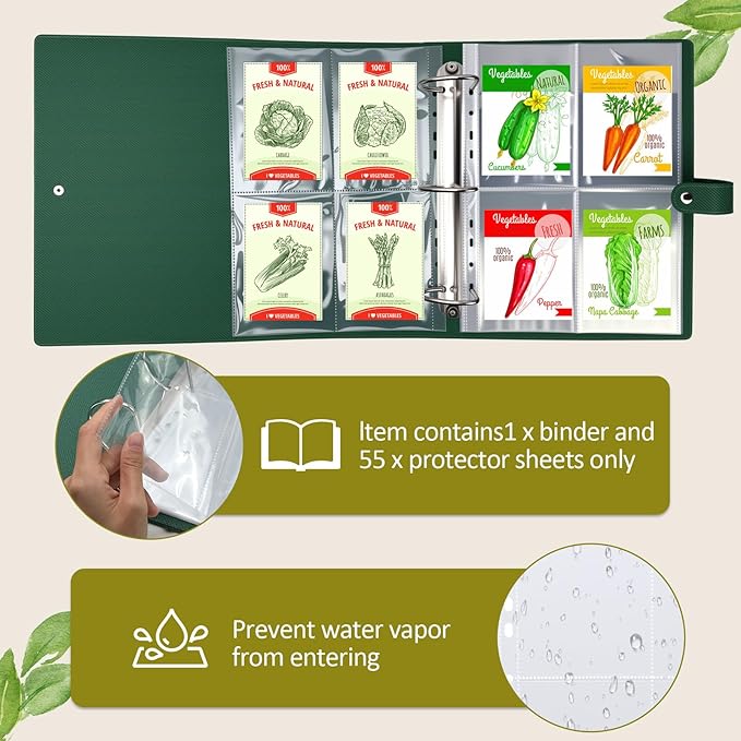 Seed Storage Organizer Binder,Seed Packet Organizer with Hang Tab Bag,55 Pack Sheet Sleeves That Can Store 220 Seed Envelopes -50 Seed Saving Envelopes-50 Plant Labels-1 Double Side Pen，11.65×13.8in