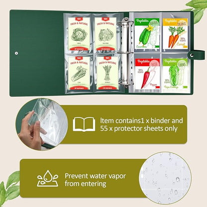 Seed Storage Organizer Binder,Seed Packet Organizer with Hang Tab Bag,55 Pack Sheet Sleeves That Can Store 220 Seed Envelopes -50 Seed Saving Envelopes-50 Plant Labels-1 Double Side Pen，11.65×13.8in