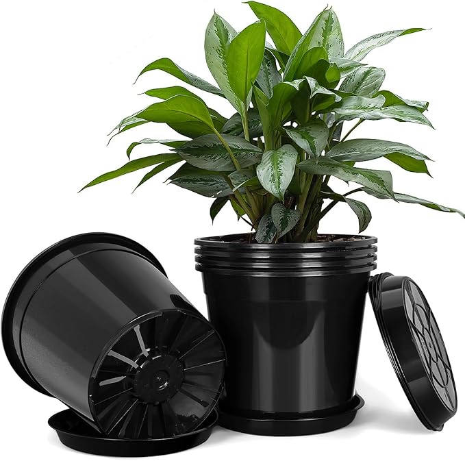 5 Gallon Plastic Pots with Drip Trays, Sturdy Gallon Plant Pots with Drainage Holes, Large Gallon Pots for Flowers, Ideal for Indoor and Outdoor Use (5Gallon-5PACK)