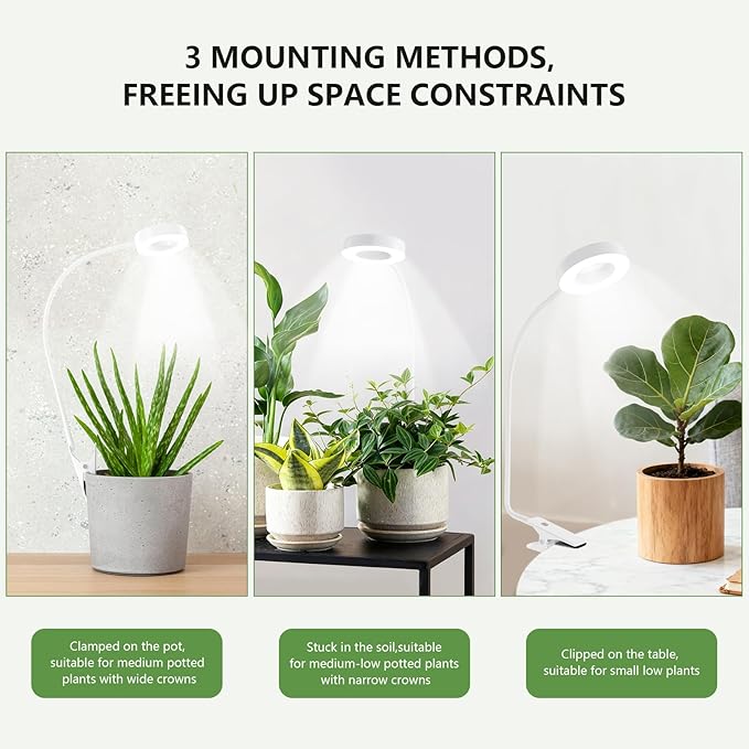 Pot Clip on Grow Lights for Indoor Plants Full Spectrum,LED Plant Lights For Indoor Growing,10-Level Dimmable & Timer,Adjustable Gooseneck Plant Grow Light for Small Plant,Succulents,White 2 Pack