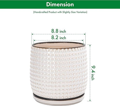 D'vine Dev 8 Inch Ceramic Beaded Stoneware Planter Pot - Flower Pot with Drainage Holes and Saucers for Indoor Succulent Plants or Flowers, Smoked White, 27-C-Q-1