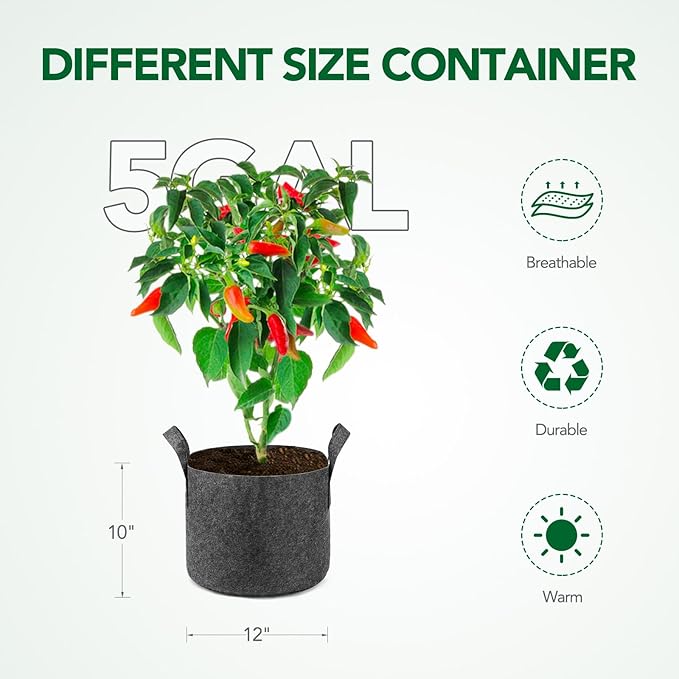 Delxo 12-Pack 5 Gallon Grow Bags Heavy Duty Aeration Fabric Pots Thickened Nonwoven Fabric Pots Plant Grow Bags Grey