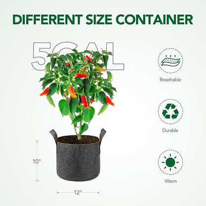 Delxo 12-Pack 5 Gallon Grow Bags Heavy Duty Aeration Fabric Pots Thickened Nonwoven Fabric Pots Plant Grow Bags Grey