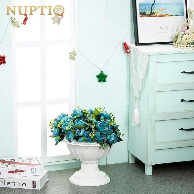 NUPTIO 2 Pcs Classic Urn Planter, 10.23 inches Height Plastic Outdoor Urn, Pedestal Plastic Planter for Garden Front Porch Door, White
