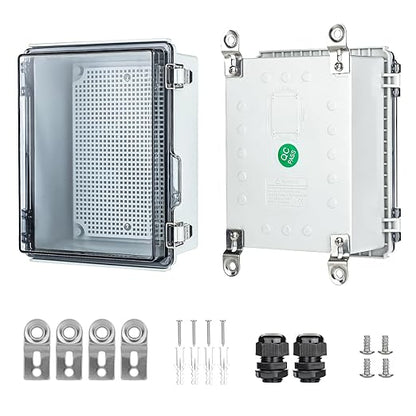 Waterproof Outdoor Project ABS Plastic Junction Box，IP67 Waterproof Clear Enclosure Boxes for Outdoor Garden with Hinged Cover, Mounting Plate, Wall Brackets, Cable Glands (Clear,10.2"x6.3"x4.3")