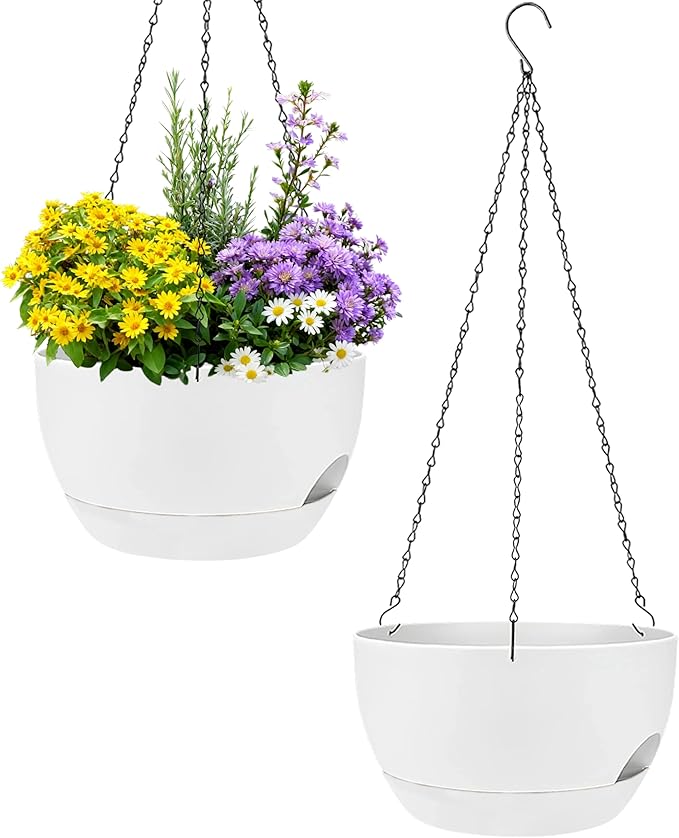 Set of 2-8 Inch Self Watering Hanging Planters for Indoor Outdoor，Hanging Plant Pots with Drainage & Removable Tray, Hanging Pots Holder for Ivy, Pothos, Ferns, Balcony & Patio, White
