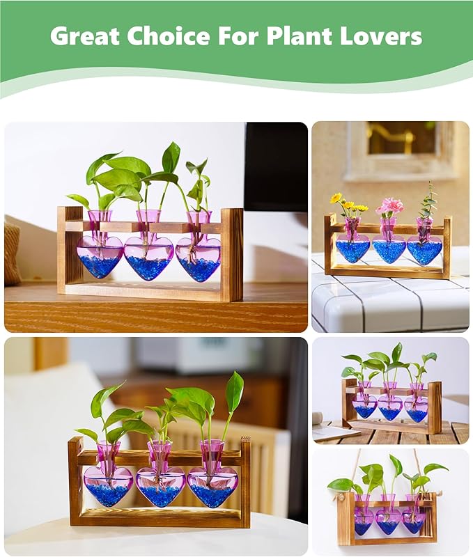Nacome Plant Terrarium Propagation Stations: Birthday Gifts for Plant Lovers Women Mom Wife Daughter - 3 Bulb Glass Vase with Wooden Stand Tabletop for Hydroponics Home Garden Decor(Purple)