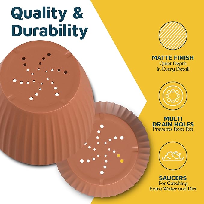 Terracotta 6-Inch Plant Pots with Drainage & Saucers 12 Pack, Indoor & Outdoor Planters for Houseplants, Herbs, and Flowers, Durable & Weatherproof Material, Stackable, Lightweight, Minimalist Design