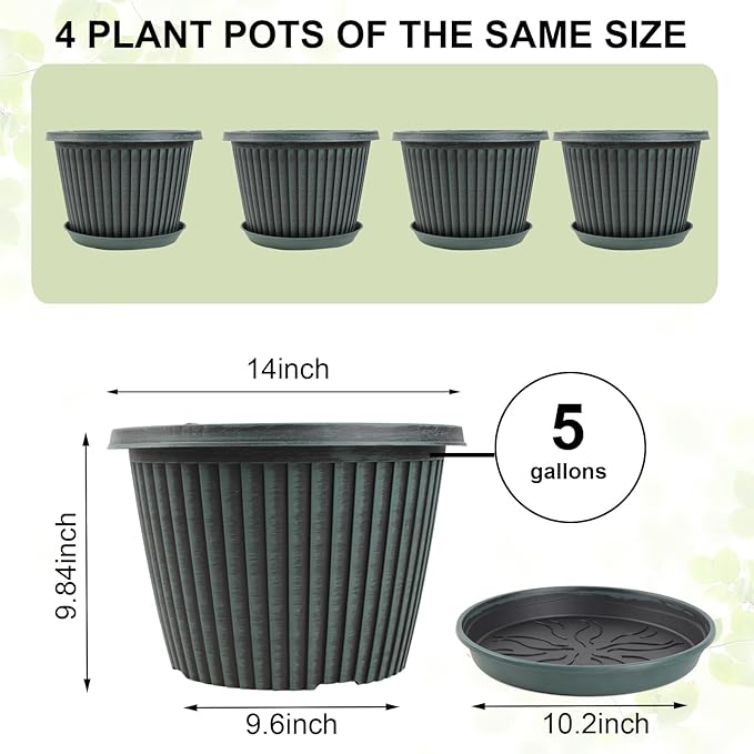 Large-Planter-Indoor-Outdoor Plant Pots, 14 inch 4 Pack Plastic Flower Pots with Saucer And Drainage Holes, Modern Garden Planters For Planting Medium Large Plants, Decorative Resin Garden Pots