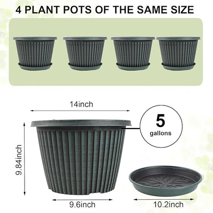 Large-Planter-Indoor-Outdoor Plant Pots, 14 inch 4 Pack Plastic Flower Pots with Saucer And Drainage Holes, Modern Garden Planters For Planting Medium Large Plants, Decorative Resin Garden Pots