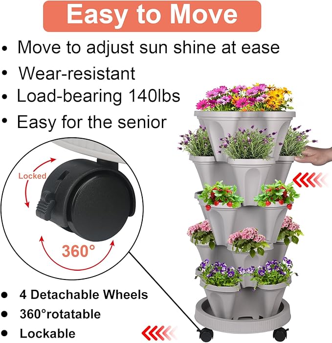 GameXcel Vertical Planter 5 Tier Stackable Planters Garden Planters Strawberry Herb Flower and Vegetable Planter Indoor Outdoor Gardening Pots with Removable Wheels and Tools 2-Pack