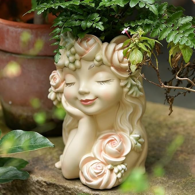 Decorative Garden Fairy Head Planter, Resin Flower Pot Sculpture, Pearl White with Rose Details