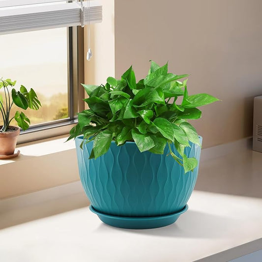 12/10/9 inch Plant Pots, 3 Pack Flower Pots for Outdoor Indoor Garden Plants, Large Planters with Multi Mesh Drainage Holes and Saucer (Black-Green, 12"+10"+9")
