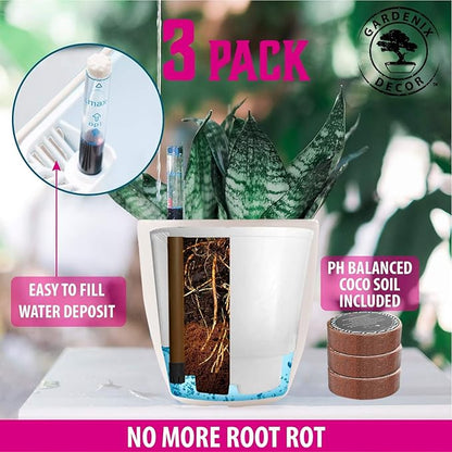 GARDENIX DECOR Self Watering Pots for Indoor Plants 3 Pack - Flower Pot with Water Level Indicator for Plants, Grow Tracking Tool - Self Watering Planter Plant Pot - Coco Coir - White