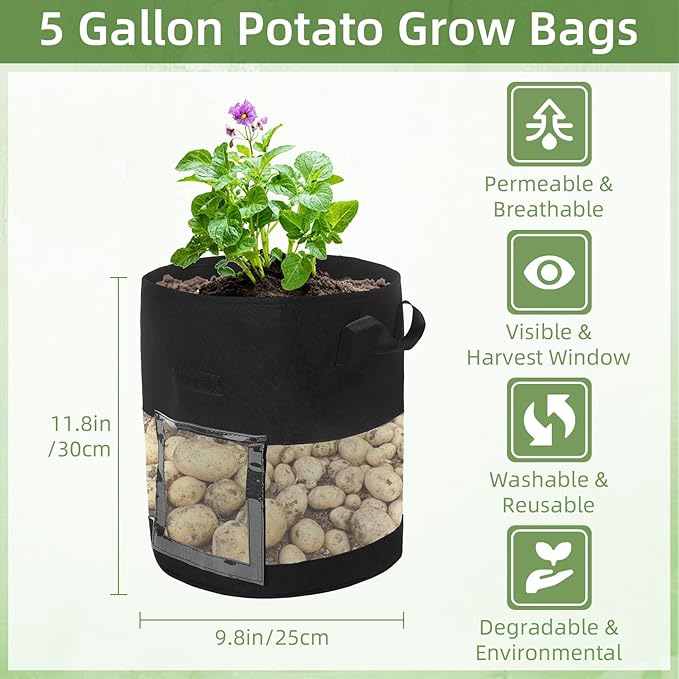 6 Pack 5 Gallon Visible Potato Grow Bags, Thickened Nonwoven Fabric Pots Potato Growing Containers with Handles & Visible Flap, Plant Grow Bags for Growing Potatoes, Tomatoes, Flowers, and Vegetables