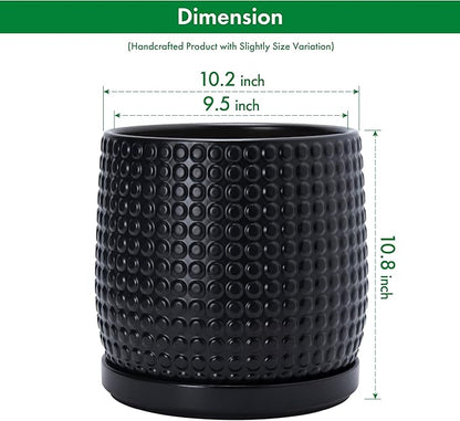 D'vine Dev 10 Inch Ceramic Beaded Stoneware Planter Pot - Flower Pot with Drainage Holes and Saucers for Indoor Succulent Plants or Flowers, Ebony Matte, 27-C-P-6