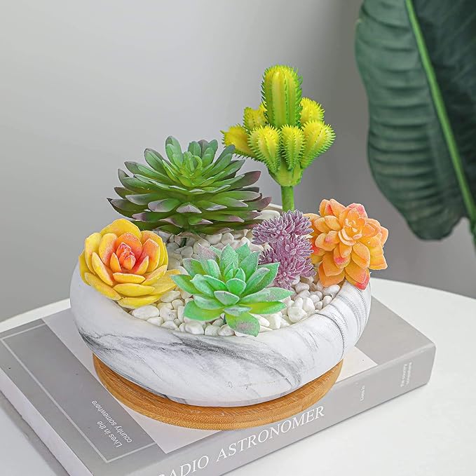 ARTKETTY Succulent Pots - 7.3 Inch Large Bonsai Pots with Drainage Tray, Ceramic Pots for Indoor Plants, Shallow Succulent Planters Marble Cactus Flower Plant Container Bowl