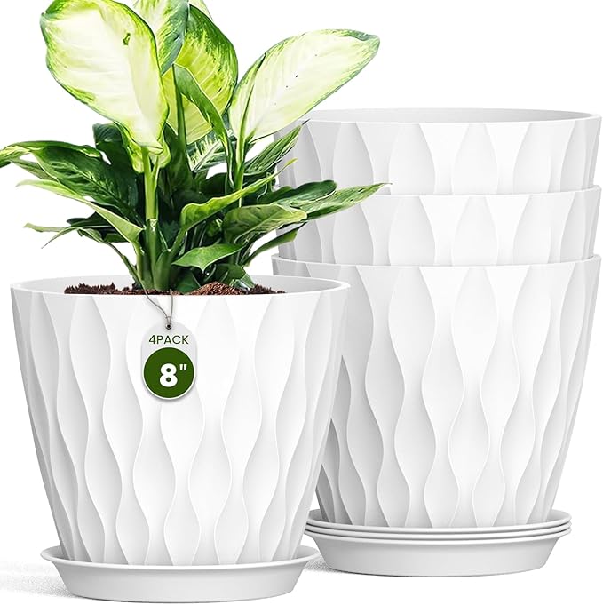 Plastic Plant 8 Inch, 4 Pack with Drainage Holes & Saucers, Water Wave Decorative Plant Pots for Indoor Outdoor Plants, Patio, Garden, Home Decor (4, White)