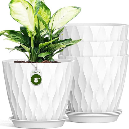 Plastic Plant 8 Inch, 4 Pack with Drainage Holes & Saucers, Water Wave Decorative Plant Pots for Indoor Outdoor Plants, Patio, Garden, Home Decor (4, White)