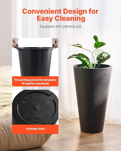 VEVOR Set of 2 Tall Planter for Outdoor Indoor Plants 24inch, Black Round Large Planters for Front Porch, Patio, Tall Taper Flower Tree Plant Pots with Modern Design and Built-in Drainage