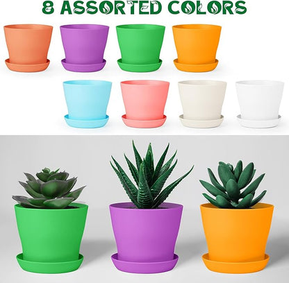 Aodaer 24 Pack 4 Inch Plastic Planters with Multiple Drainage Holes and Tray Indoor Outdoor Flower Plant Nursery Pots with Labels Flower Seedling Pots for Herb Garden Home Succulents, Assorted Colors