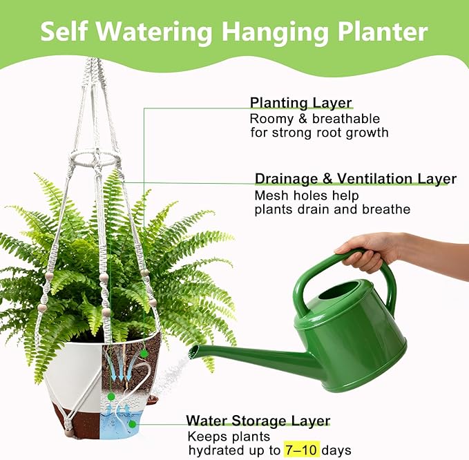 Hanging Grow Lights for Indoor Plants: 2 Pack Macrame Plant Hangers with Grow Lights and Self-Watering Pots, 10 Inch Large Hanging Pots with Drainage Holes & Removable Tray