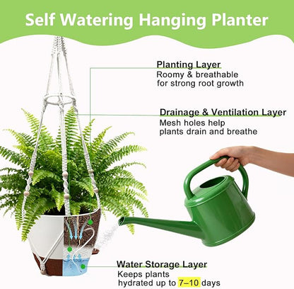 Hanging Grow Lights for Indoor Plants: 2 Pack Macrame Plant Hangers with Grow Lights and Self-Watering Pots, 10 Inch Large Hanging Pots with Drainage Holes & Removable Tray