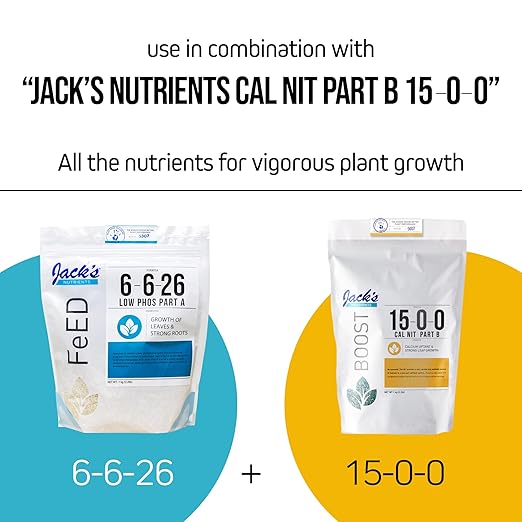 Jack’s Nutrients 6-6-26 Low Phos Part A Water-Soluble Fertilizer, 25lbs – Promotes Leaf Growth and Strong Roots