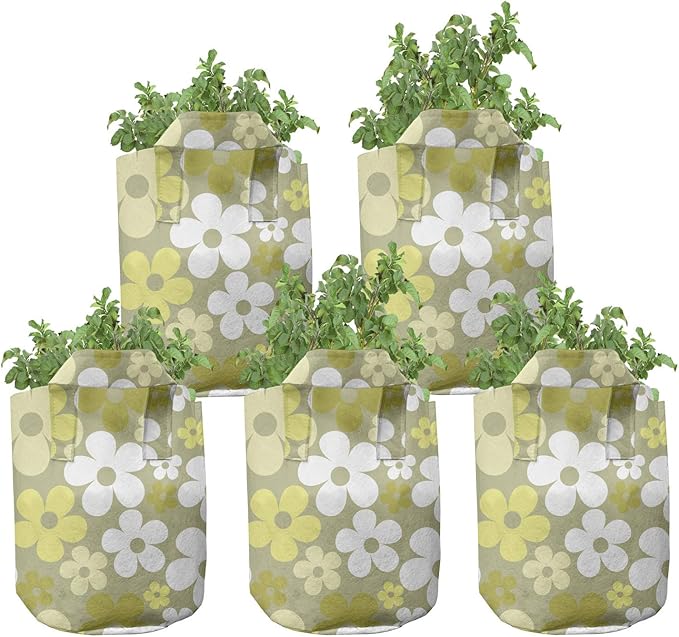 Ambesonne Grey Yellow Grow Bags 5-Pack, Basic Abstract Flowers, Heavyduty Fabric Pots with Handles for Plants, Yellow Khaki